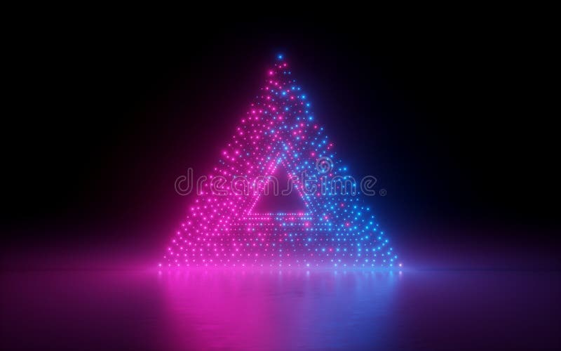 3d render, abstract background, triangle portal, glowing dots, screen pixels, neon lights, virtual reality, pink blue spectrum, vibrant colors, laser show, isolated on black, floor reflection. 3d render, abstract background, triangle portal, glowing dots, screen pixels, neon lights, virtual reality, pink blue spectrum, vibrant colors, laser show, isolated on black, floor reflection